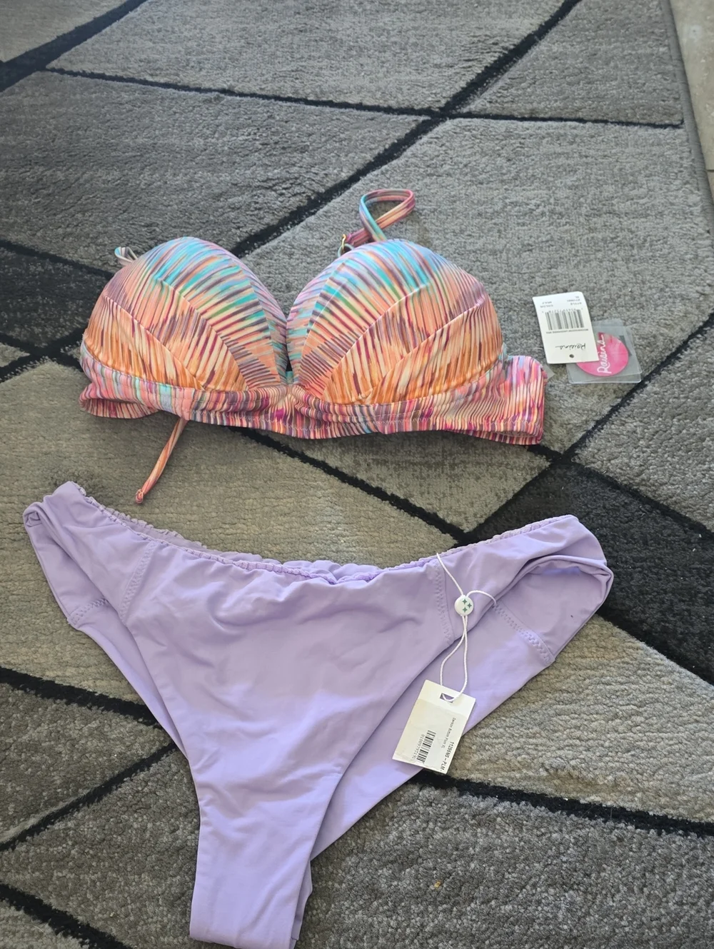 Frankie's Bikinis Multicolor Striped Ruched Top & Lavender Bikini Bottom